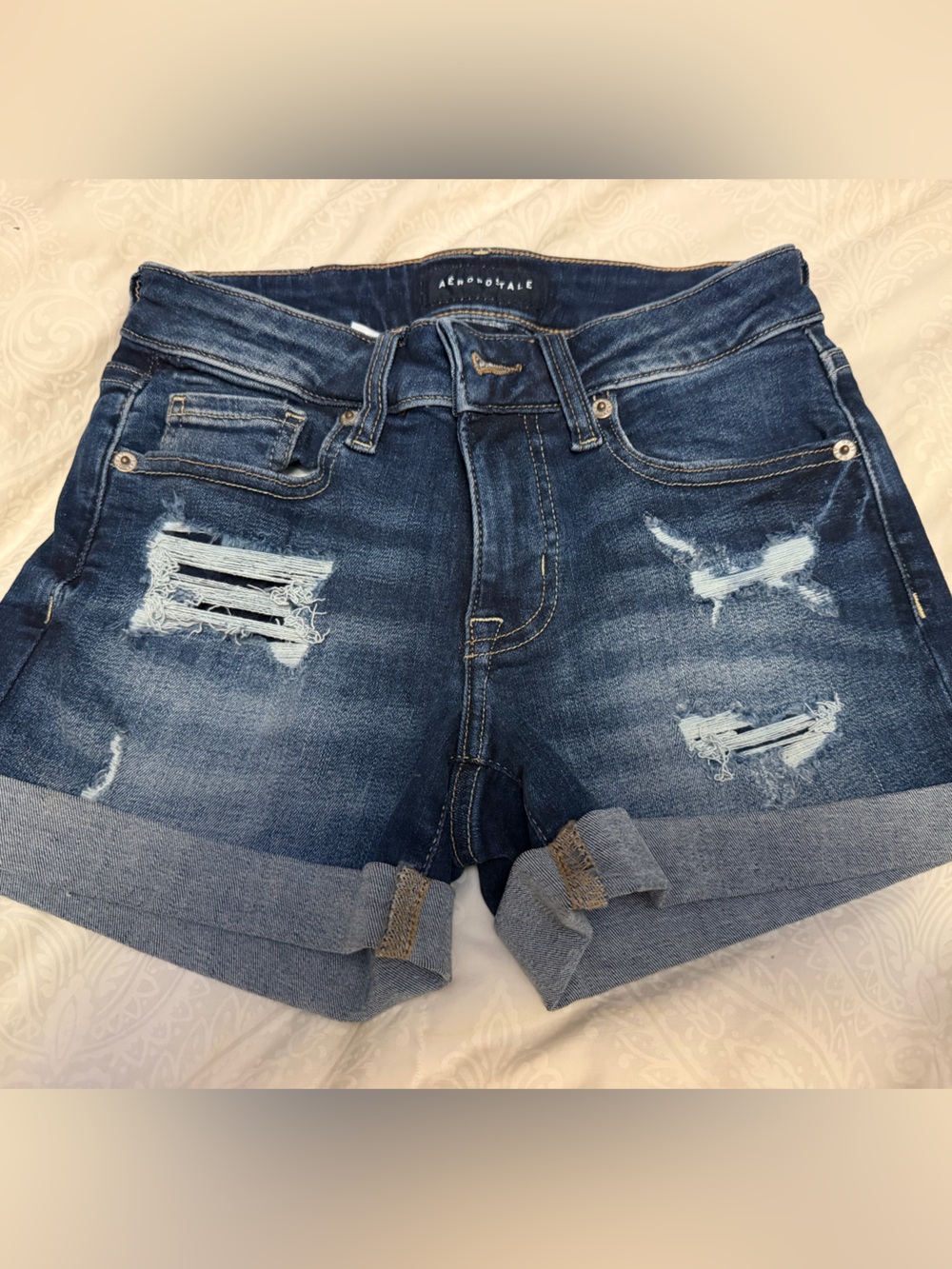 Aeropostale Dark Blue Distressed Roll-Cuff Denim Shorts